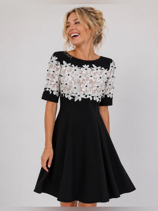 Shani Dresses & Skirts - Shani Lace Fit & Flare dress, black with white lace and black beads. Women’s 6.